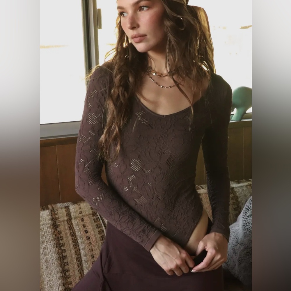 Niki Biki Lace Textured Brown Bodysuit, One Size | SKU NS8436